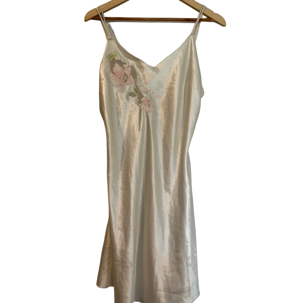 Vintage Elegant Cream Slip Dress with Floral Embroidery Size: L